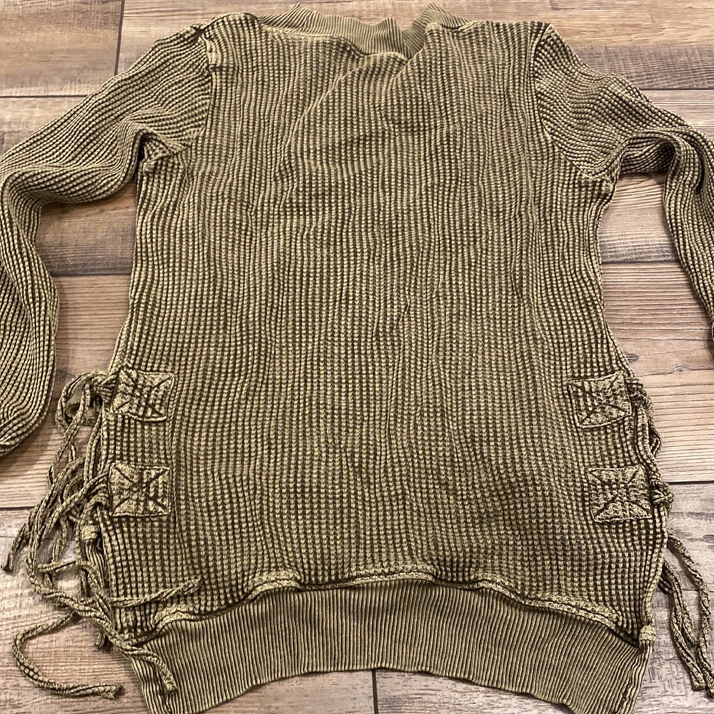 Olive Green Waffle Knit Long Sleeve Tie Top- FP ONE - Picture 7 of 7